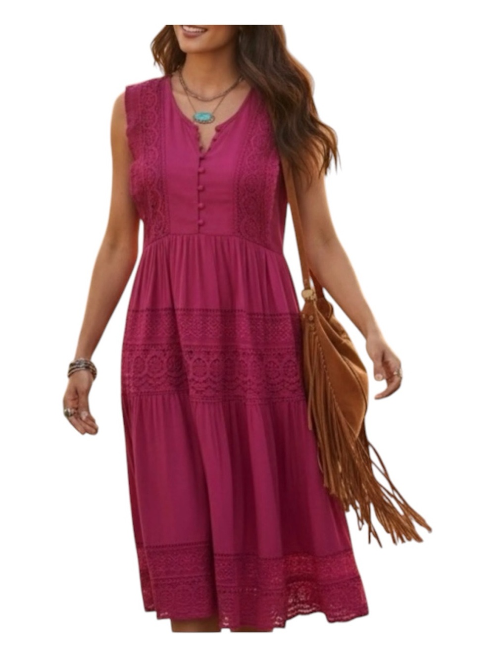 Sundance Raspberry Rouge Tiered Lace Buttoned‎ Maxi Sundress ❤️ PM
